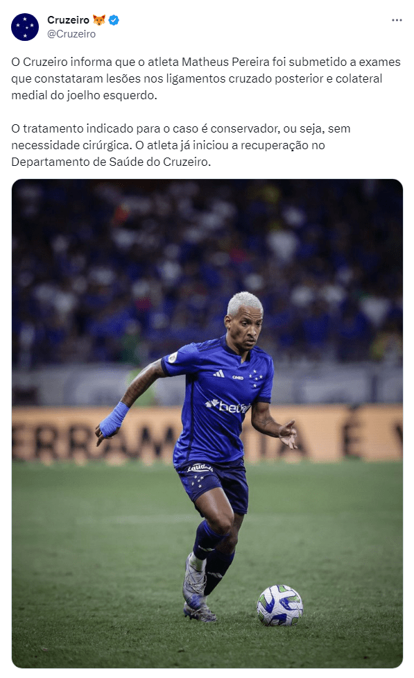 Cruzeiro confirma lesão no joelho esquerdo de Matheus Pereira Deus Me