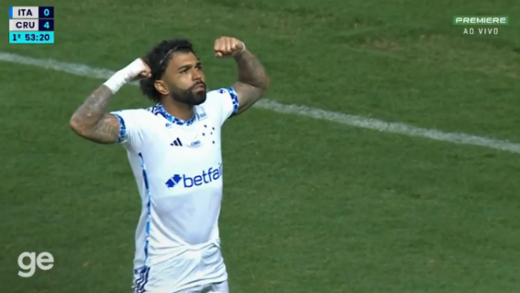 Gabigol comemora gol pelo Cruzeiro. (foto: Reprodução / Premiere. )